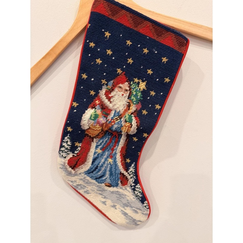 Vintage Needlepoint Santa Christmas Stocking Wool Front Red Velvet Back
